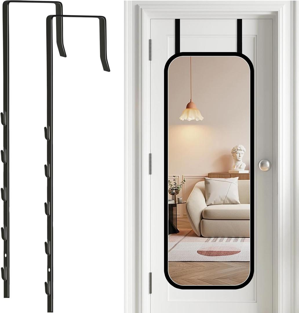 Over-The-Door Mirror Hanger, Adjustable 13.6 in Door Mirrors Hanger with Protective Lining, Prevent Scratches, 2 Pcs Door Brackets Perfect Height and Fit (Mirror Not Included) - Black