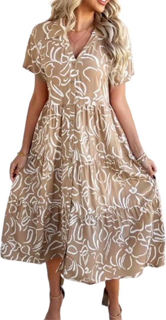 Womens Button Down Floral Babydoll Maxi Dress Short Sleeve Ruffle V Neck Summer Dress Women Beach Fashion 2025 M