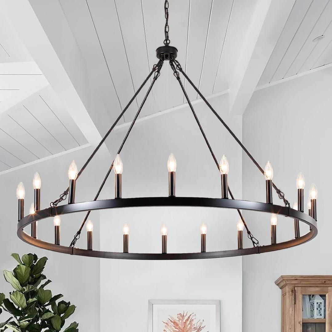 47.2 inches Black Wagon Wheel Chandelier- 20 Light Large Farmhouse Chandelier Industrial Rustic Dining Room Light Fixture Round High Ceiling Pendant Light for Living Room Entryway Foyer