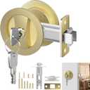 Round Pocket Door Lock - Brass Recessed 2 Sided Handle Pull Pocket Door Hardware, Sliding Pocket Door Lock with Key, Pocket Door Latch for Bed/Bath, 2-3/8" Backset, Gold (Entrance)