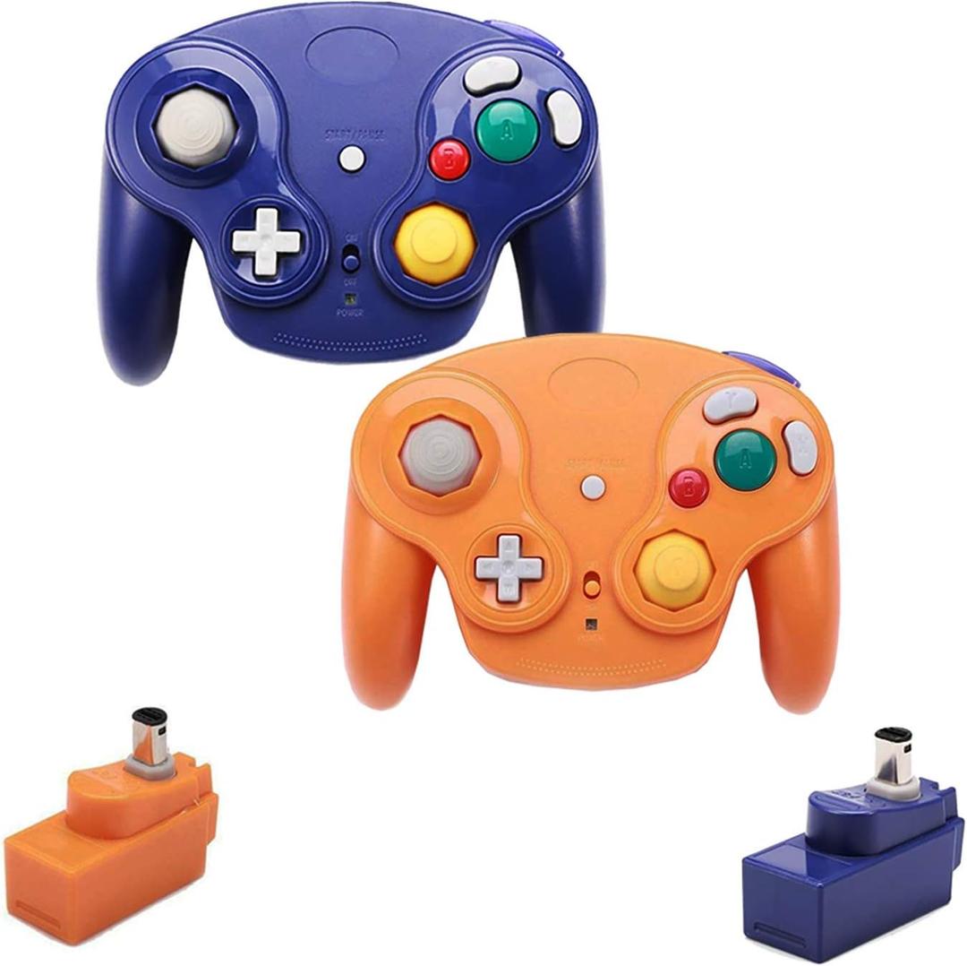 VTone Wireless Game Cube Controller, 2 Pieces 2.4G Wireless Classic Gamepad with Receiver Adapter for Wii Game Cube NGC GC (Orange and Dark Blue)