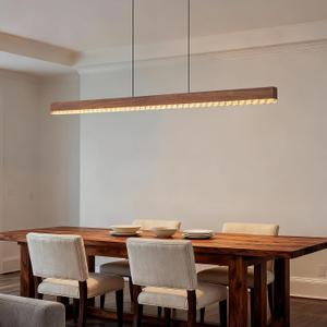 45" Wood Linear Pendant Light, Dimmable Kitchen Island Lighting with Remote, 30W LED Island Lights for Kitchen, Adjustable Linear Chandelier for Dinning Room Light Fixture,Pool Table Light - Walnut