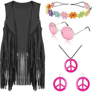FunMular 60s 70s Outfits for Women Disco Hippie Costume Clothes Woman Peace Sign Earring Headband Fringe Vest Tassel Cardigan (Black, S)