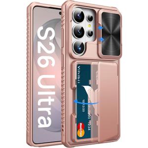 Vihibii for Samsung Galaxy S26 Ultra Case with Card Holder (4 Cards) [RFID Blocking] & Slide Camera Cover, Military Grade Drop Protection, Wallet Case for Samsung Galaxy S26 Ultra 6.9" 2026, Rose Gold