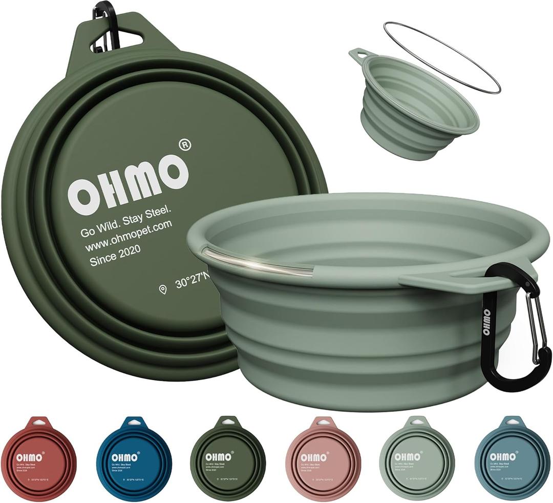 OHMO Collapsible Dog Water Bowls w/Built-in Stainless Steel Ring 2pcs Large 27oz/800ml Portable Silicone Pet Feeding Bowl for Hiking, Camping, Travel