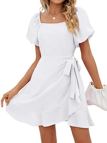 SAMPEEL Womens Summer Dresses Square Neck Puff Sleeve Tie Waist Short Dress, Small, White