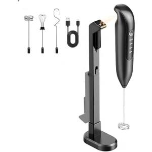Electric Milk Frother Handheld: Rechargeable 3 in 1 - LED Digital Display with 3 Speeds Portable Stainless Steel Drink Foam Mixer for Milk Coffee, Lattes, Valentine's Day gifts - Onyx Black