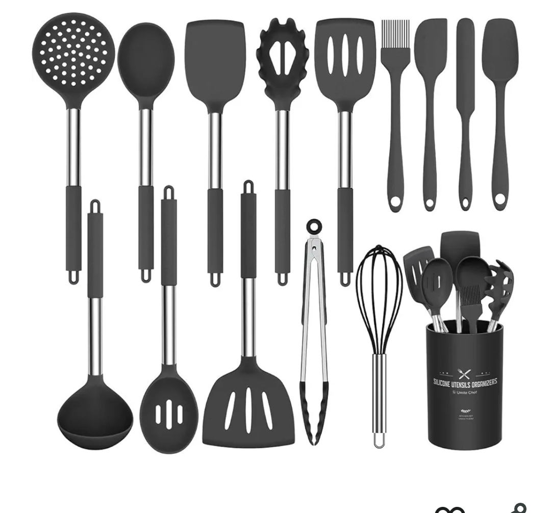 Silicone Cooking Utensil Set, Umite Chef 15pcs Silicone Cooking Kitchen Utensils Set, Non-stick - Best Kitchen Cookware with Stainless Steel Handle - Black Kitchen Utensils