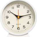 SHISEDECO 4.5" Battery Operated Antique Retro Analog Alarm Clock, Small Silent Bedside Deskclock with Light Function, Non-Ticking Tableclock Decor for Living Room, Bedroom, Bedside, Shelf (White)