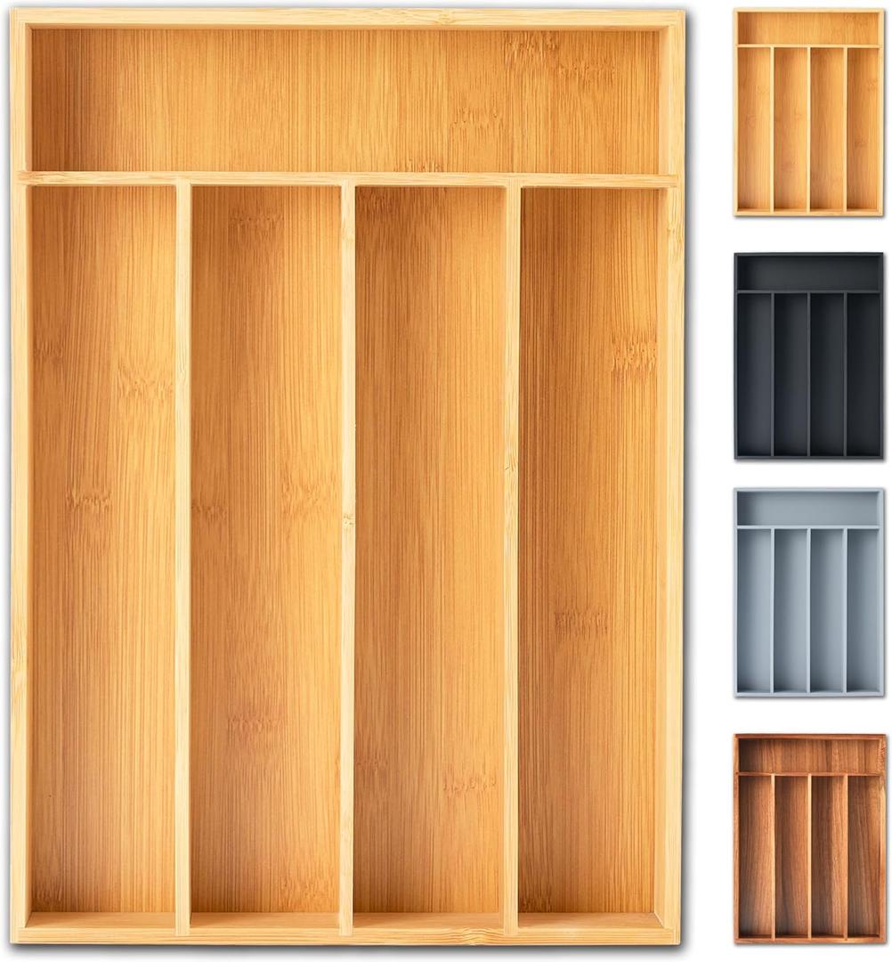 SUNBREATH Silverware Organizer, 10 Inch Utensil Organizer Kitchen Drawer Organizer Bamboo Silverware Holder Cutlery Tray Organizer in Drawer Flatware Organizer Tray(5 slots, Natural