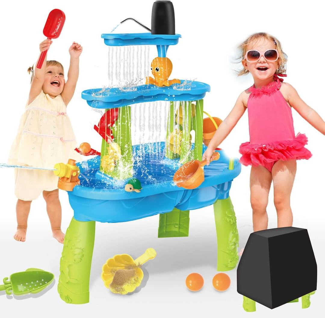 Dolanus 3-Tier Water Table for Toddlers with Pump, Table Cover - Sand Activity Sensory Playset, Summer Outdoor Outside Pool Backyard Beach Toys for Kids Age 1 2 3 4 5 8 Year Old Boys Girls