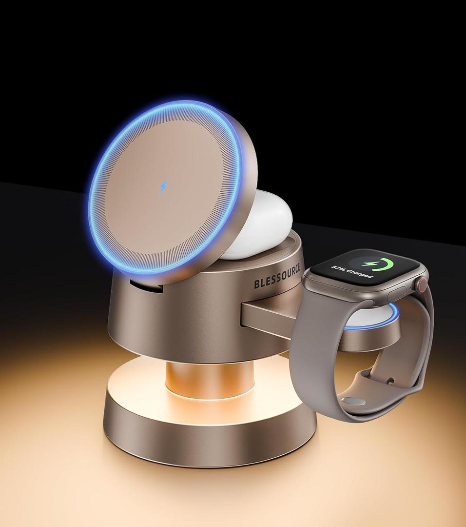 4-in-1 Magnetic Wireless Charging Station for iPhone 17/16/15/14 Pro Max, with Night Light Wireless Charging Station Fast Charging for Apple Watch, Earphones & Multiple Devices (Without Power Adapter, Gold)