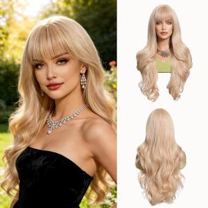 Platinum Blonde Curly Wig with Bangs Long Blonde Wigs for Womens Natural Looking Light Blonde Wigs Synthetic Hair Replacement Wig Wear and Go Glueless Wigs for Women Daily Party Use