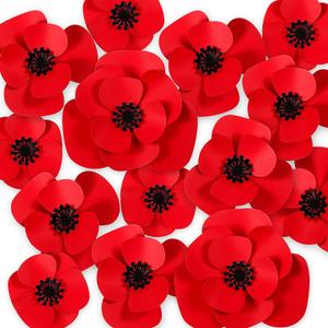 9.8 Inch 18 Set Large Red Poppy Artificial Flowers Decoration for Wall DIY Bulletin Board 3 Sizes 3D Handcrafted Paper Poppy Backdrop Decor for Veterans Day Memorial Remembrance Day Carnival