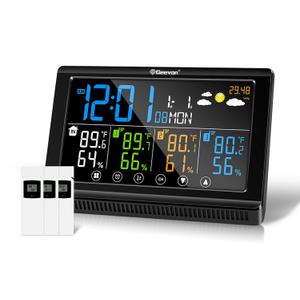 Geevon Weather Station Wireless Indoor Outdoor Thermometer 3 Sensors, Color Display Digital Temperature Humidity Monitor with Barometer, Calendar, USB Charge and Adjustable Backlight