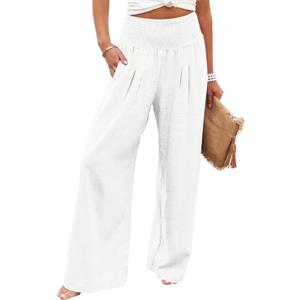 Angerella Women Summer High Waisted Solid White Palazzo Pants Wide Leg Long Lounge Pant Trousers with Pocket, White, 3XL