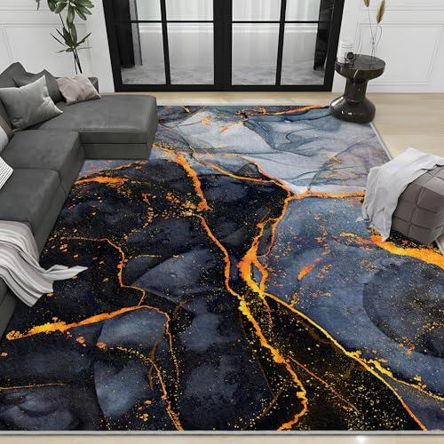 Black Gold Marble Area Rug Modern Abstract Floor Mats Grey Washable Rugs Mat Non-Slip Low-Pile Thick Soft Comfortable Floor Carpet Decorative for Home Living Room Bedroom Office 4x6（ft）