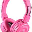 noot products Kids Headphones K22 Foldable Stereo Tangle-Free 5ft Long Cord 3.5mm Jack Plugin Wired On-Ear Headset for iPad/Amazon Kindle Fire/Girls/School/Laptop/Travel/Plane/Tablet FlamingoPink