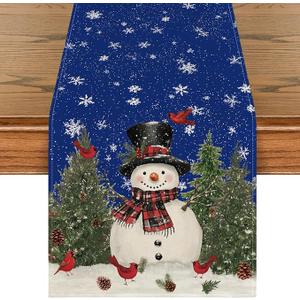 Artoid Mode Snowman Birds Trees Christmas Table Runner, Seasonal Blue Winter Holiday Kitchen Dining Table Decoration for Home Party Decor 13 x 60 Inch