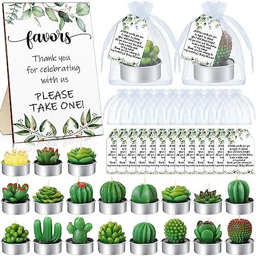 MTLEE 20 Sets Succulent Candles Baby Shower Favors for Guests Include 20 Plant Tealight Candles 20 Thank You Tags 20 Organza Bags Wooden Standing Sign for Gender Reveal Gifts(Greenery)
