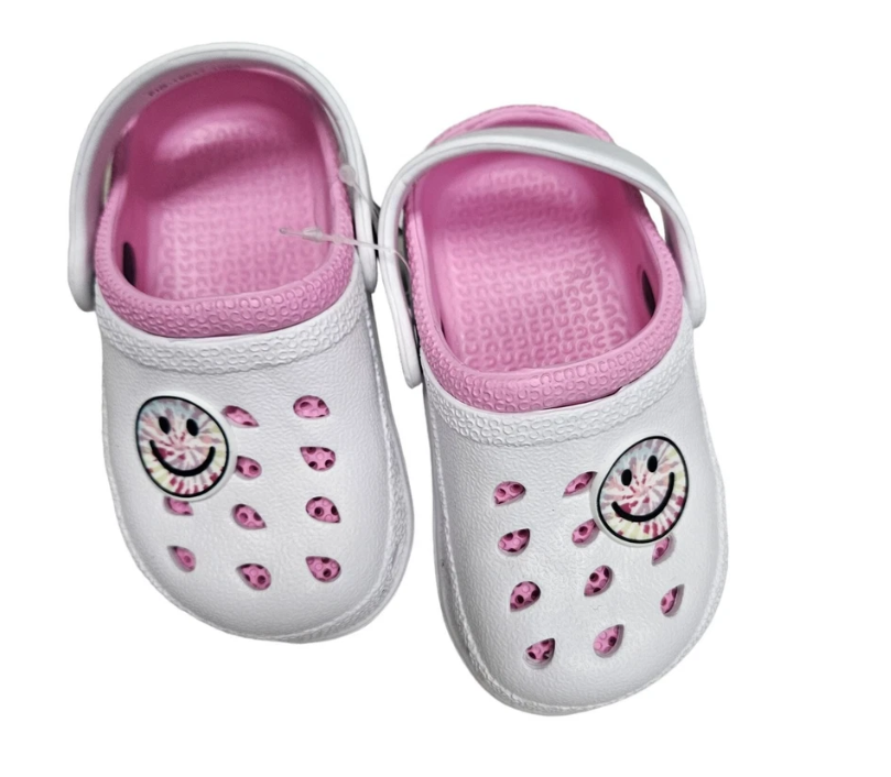 Childrens White Pink Clogs With Smile Design Girls Tie Dye Happy Face Slip On Size 5
