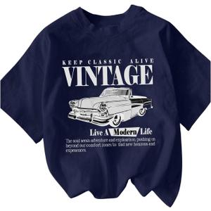 Women's Graphic Letter Tee Crew Neck Drop Shoulder Trendy Summer T Shirt Short Sleeve Vintage Car Print Top (Blue, XXL)