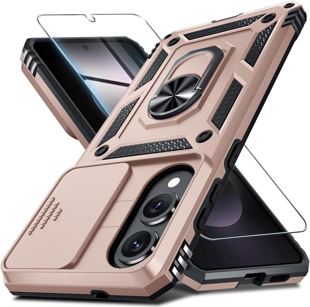 Janmitta Compatible with Samsung Galaxy S25 Edge Case Built in Slide Camera Lens Cover+Screen Protector+Finger Ring Holder Kickstand,Heavy Duty Shockproof Full Body Phone Cover,2025 Rose Gold