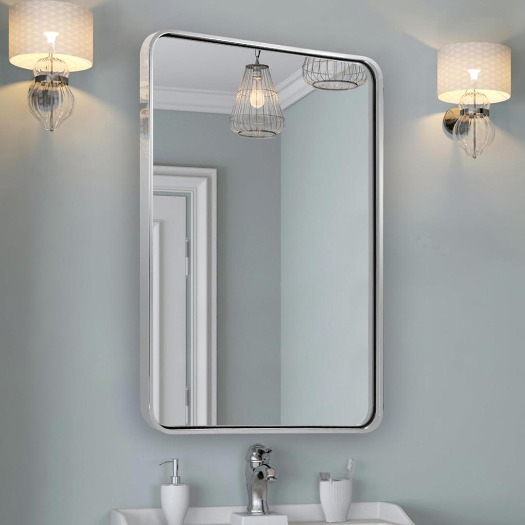 ANDY STAR Chrome Mirrors for Bathroom, 24x36 Rounded Rectangle Mirror, Chrome Bathroom Vanity Mirror, SUS304-Anti-Rust, Wall-Mounted Horizontal/Vertical 1 Deep
