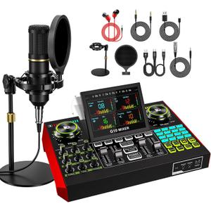 Podcast Microphone Bundle with Live Sound Card Audio Mixer, Podcast Equipment Bundle with 3.5mm BM800 Microphone for Pc/Youtube Live Streaming Singing Gaming, Sound Board with Voice Changer, Denoise