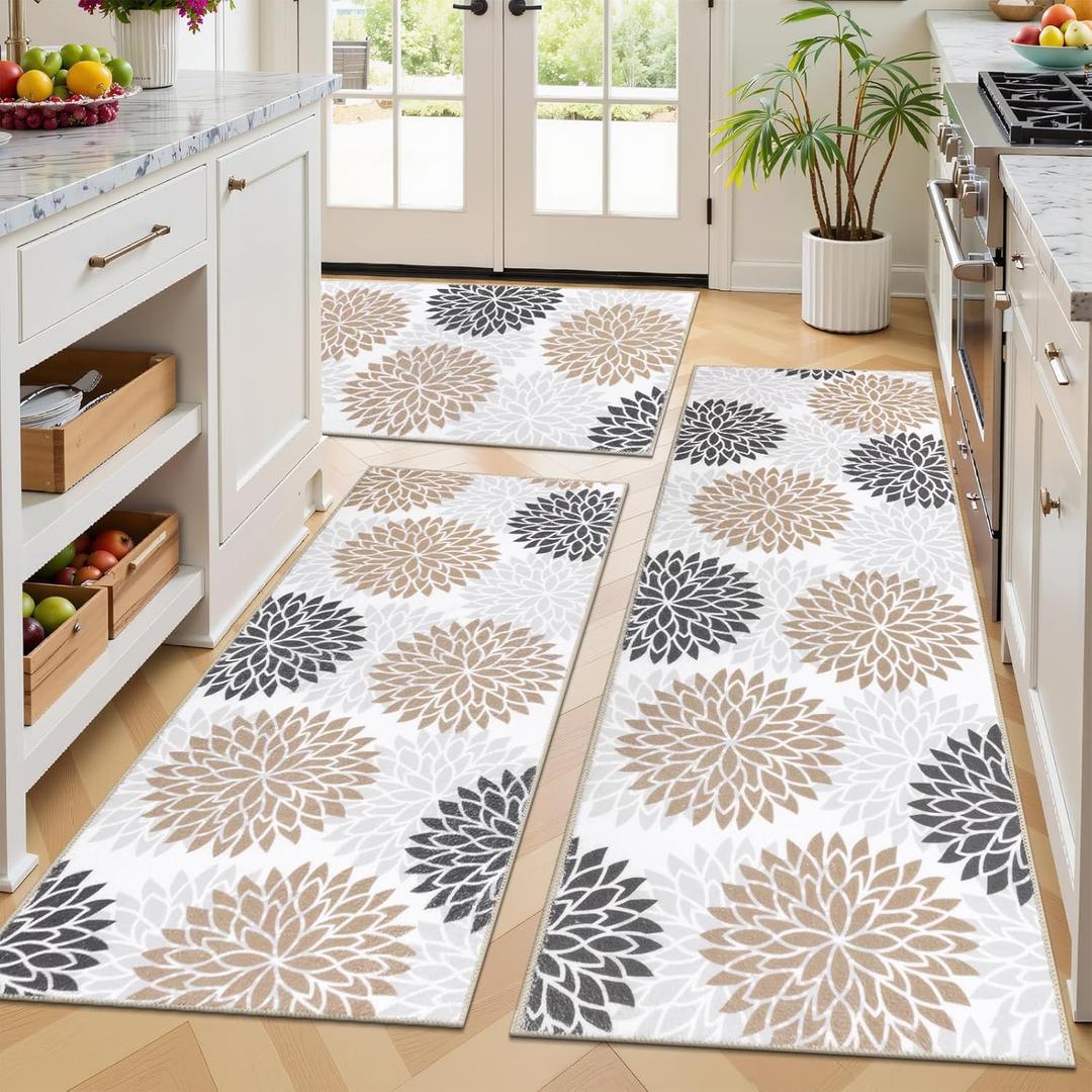 Ileading Boho Kitchen Rugs Sets 3 Piece with Runner Floral Kitchen Floor Mat Carpet Farmhouse Kitchen Rugs and Mats Non Skid Washable Runner Rug for Kitchen Floor Office Sink Laundry, Brown (20"x32"+20"x48"+20"x59")