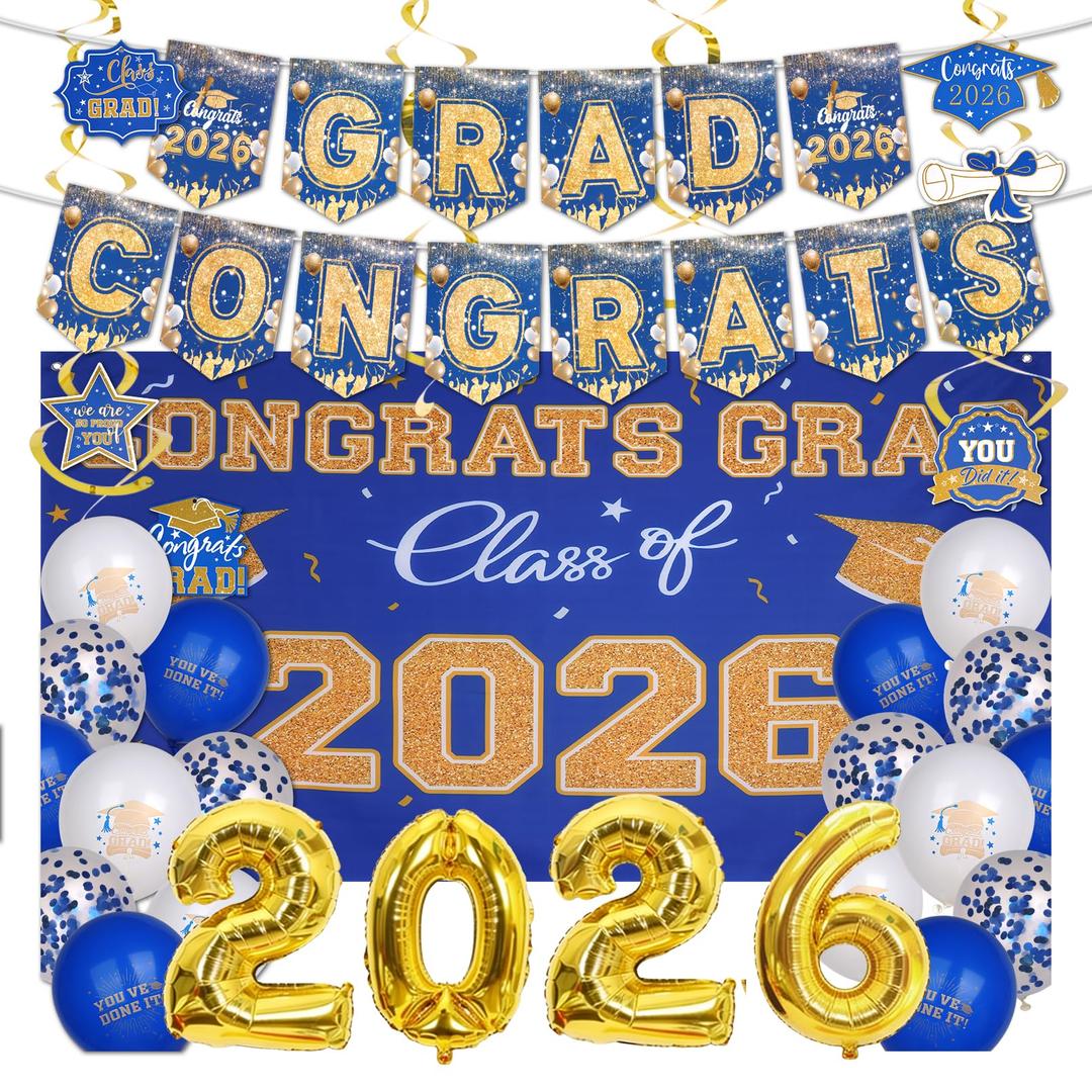 baotongle 2026 Graduation Decorations Themed Set Congrats Grad Backdrop Balloons Banner and Streamers Hanging Swirls Kit for Party Supplies High School College Celebrations(Blue)