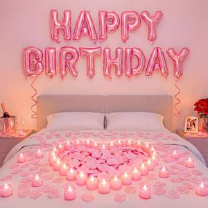 Pink Happy Birthday Balloons Decorations Happy Birthday Letter Balloons Banner Set with 24pcs Round Flameless LED Candles and 2000pcs Artificial Rose Petals for Women Men Room Party Decor