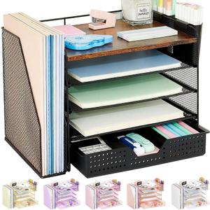 OPNICE Desk Organizer, 5-Tier Paper File Organizer with Drawer & Pen Holder, Office Desk Accessories, Workspace Desktop Organizer for Office Supplies(Brown Wood)