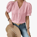 SweatyRocks Women's Puff Short Sleeve Collar Button Front Blouse V Neck Contrast Lace Shirt Tops, Medium