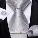 DiBanGu Mens Silk Necktie Solid Color Tie and Pocket Square Cufflink Tie Clip Set Woven Plain Ties for Men Wedding Party (Gray)