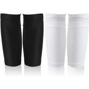 2 Pair Shin Pads Socks, Soccer Shin Guard Covers Socks Breathable Football Pads Holders Soccer Sock Sleeves Soft Calf Sleeves for Kids Adults Beginners (Black & White) (Large)