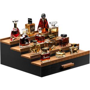Cologne Organizer for Men,4 Tier of Elevated Cologne Display Stand with Drawer Storage, Wood Cologne Display, Perfume Organizer and Storage Display Risers, Great Gift for Men (Black Walnut)
