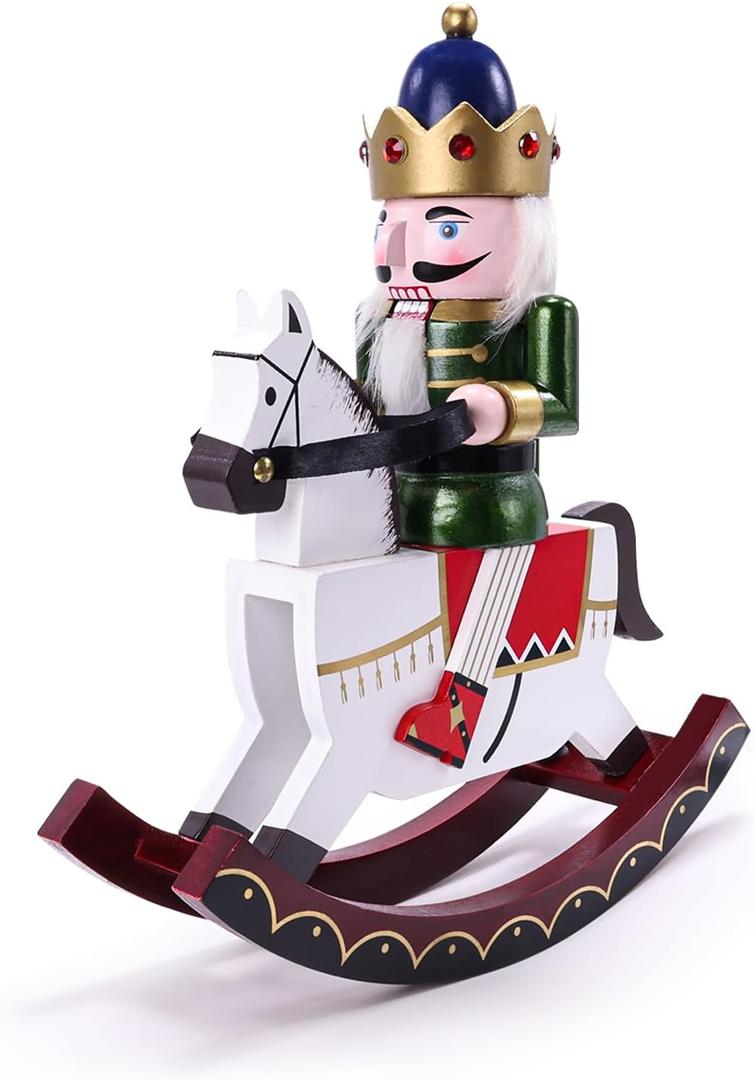 Nutcracker Christmas Decor, 11 inch Wooden Nutcrackers Figures, Handcrafted Collectible Christmas Nutcracker Decor for Tabletop, Shelves Ornaments (Rocking Horse)