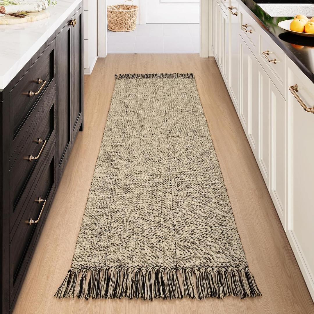 Collive Farmhouse Hallway Runner Rug, 2x6 Hand-Woven Reversible Washable Runners for Kitchen Floor, Natural/Black Cotton Laundry Room Rugs Modern Boho Kitchen Sink Carpet for Bathroom Foyer Bedroom