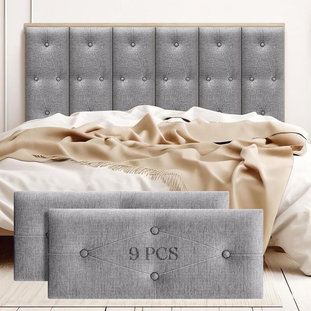 Juexica 9 Pcs Peel and Stick Headboard Soundproof Queen Headboard Tufted Floating Headboard Upholstered Wall Mount Headboard Padded Wall Panels for Bedroom Dorm Bed, Gray, 23.62 x 9.84 Inches