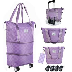 Expandable foldable duffel bag suitcase, detachable rolling wheels,carry-on large duffel bag,luggage bag,suit gym,camping,travel or business trip,Gift for wife and parents-Checkerboard(PURPLE)