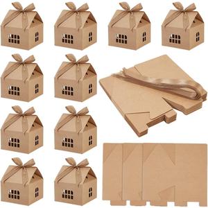 WADORN 30Pcs House Shaped Gift Boxes with Ribbons, Classic Paper Candy Storage Container House Gift Box Treat Boxes for Treats Dessert Fancy Cookie Packaging Christmas Birthday Party Gifts, Brown