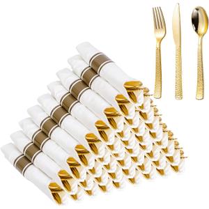 WELLIFE 75 Pack Gold Plastic Cutlery,Pre Rolled Silverware Set Disposable,Gold Disposable Utensils,Includes: 75 Forks, 75 Knives, 75 Spoons, 75 Napkins, Plastic Silverware