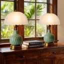 Ceramic Table lamp Set of 2, Modern Bedside Lamps Green Mid Century Vintage Desk Lamp Retro Glass Mushroom Traditional Lamp for Nightstand Living Room Bedroom Home Decor (S03GN-2PACK)