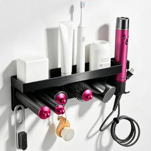 Aluminum Hair Tool Organizer Wall Mount & Countertop Hair Dryer Holder for Dyson Airwrap Styler and Supersonic Hair Dryer with 7 Slots Bathroom Accessories Rack, Black