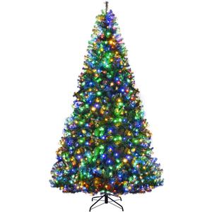 Goplus 9FT Pre-Lit Artificial Christmas Tree Auto-Spread/Close up Branches 11 Flash Modes with Multicolored 1000 LED Lights & Metal Stand (Green)