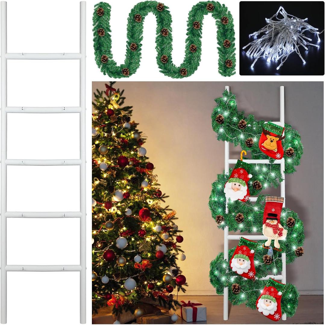 Tigeen 59" 3 Pack Lighted Christmas Stocking Holder Stand for Wall 10 Hook Wooden Christmas Ladder Stocking Hanger Artificial Garland Battery Operated Light for Xmas Holiday Party(Novel Style)