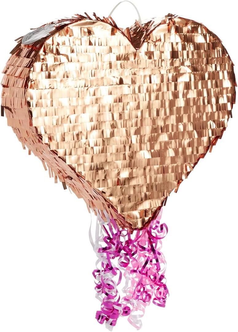 Sparkle and Bash Mini Pull String Heart Pinata - 15.7 x 13 x 3 In, Rose Gold - Valentines Day Pinata for Birthday Party Decor, & Effortless String Pull Surprise