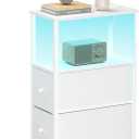 TUTOTAK Small Narrow LED End Table with Charging Station, Side Table Outlets, Nightstand with 2 Cloth Drawers, Couch Table, for Living Room, Bedroom, Bedside, White TB01BW085L