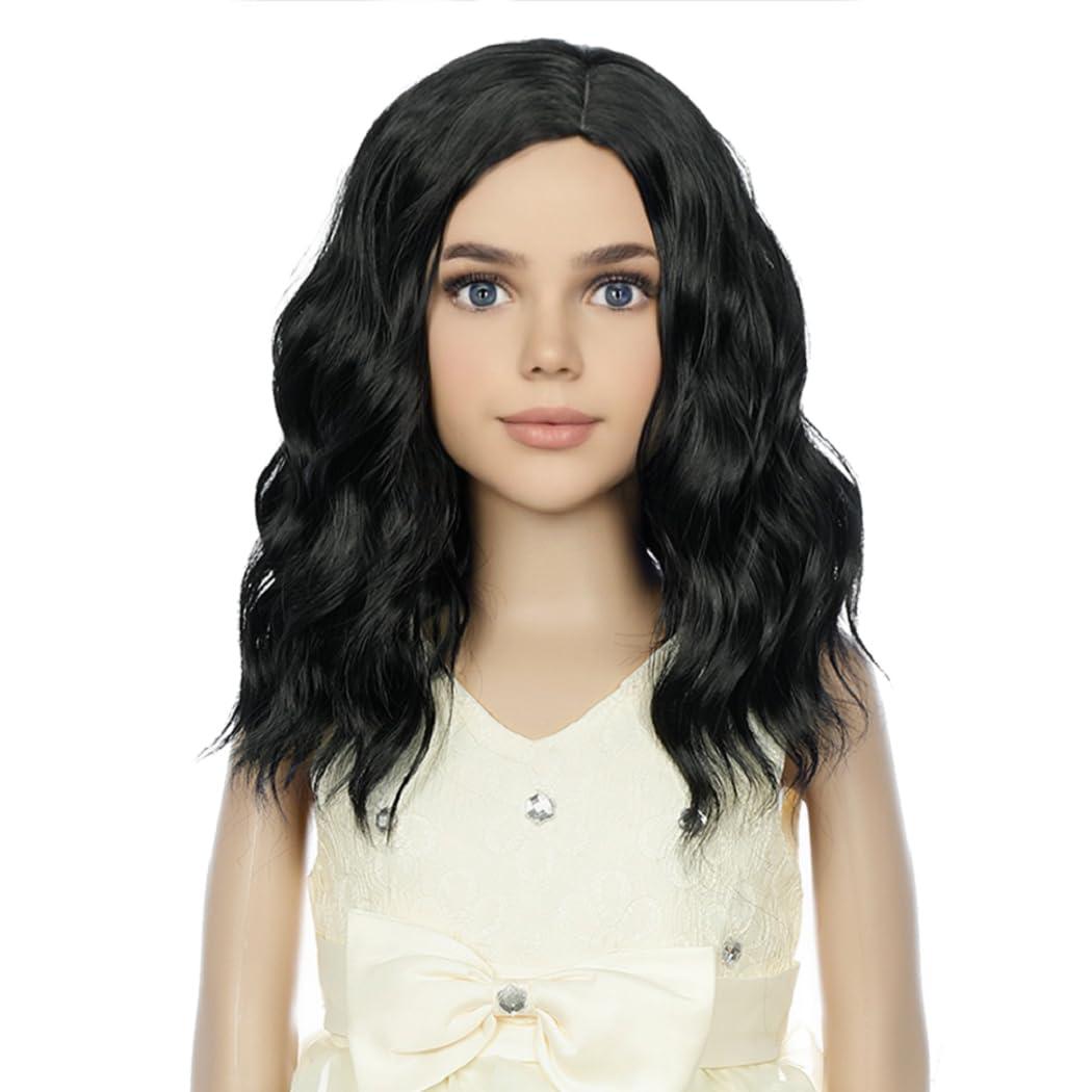 Kids Child Black Wig Short Wavy Black Bob Wig for Girls Synthetic Hair Cosplay Halloween Party Costume Daily Wear Wigs